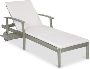 Acacia Wood Outdoor Chaise Lounge Chair with Adjustable Backrest and Side Table