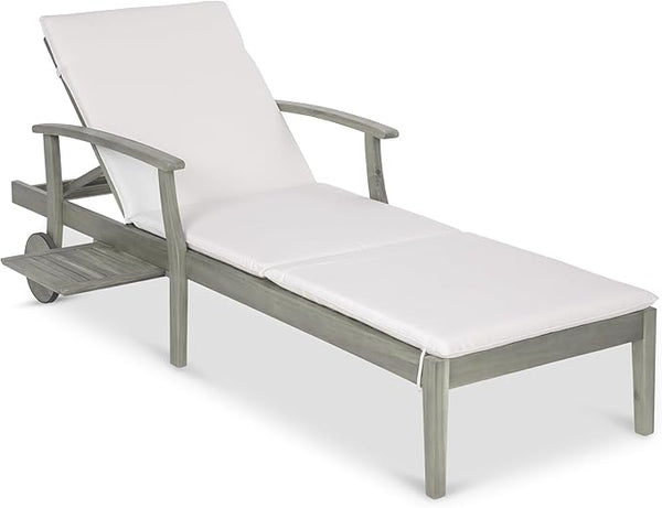 Acacia Wood Outdoor Chaise Lounge Chair with Adjustable Backrest and Side Table
