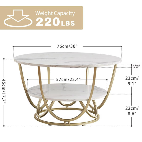 Round Coffee Table with Storage, 30" Marble White Top & Gold Frame