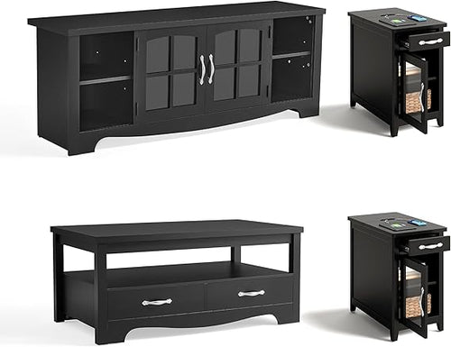 Farmhouse Living Room Table Set 4-Piece with TV Stand, Coffee Table & End Tables