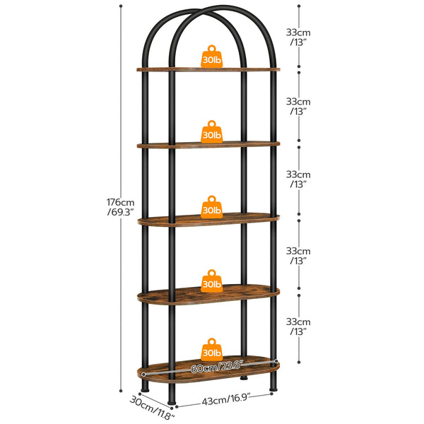 5-Tier Arched Bookshelf with Metal Frame