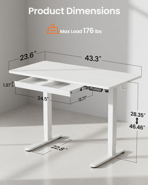 Electric Standing Desk with Drawer – 47" Adjustable Height, White