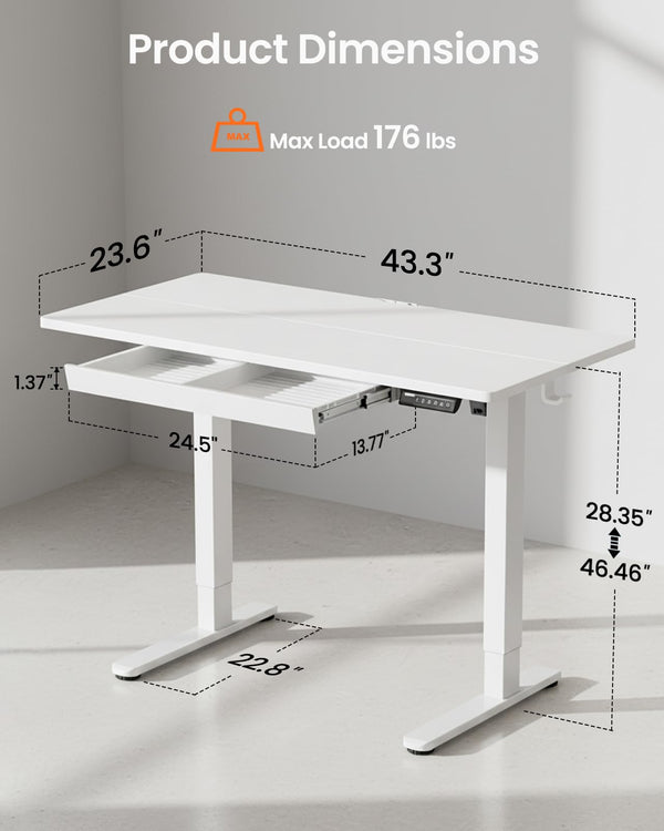 Electric Standing Desk with Drawer – 47" Adjustable Height, White