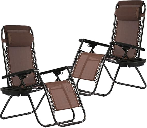 Zero Gravity Outdoor Lounge Chairs Set of 2 with Cup Holder & Pillow