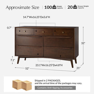 7-Drawer Mid-Century Modern Dresser, 52" Wide
