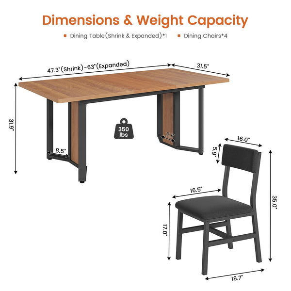 Extendable Dining Table Set for 4-6 with Cushioned Chairs