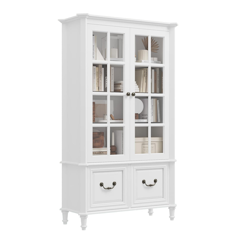 63" Tall Bookshelf with Glass Doors & Drawers