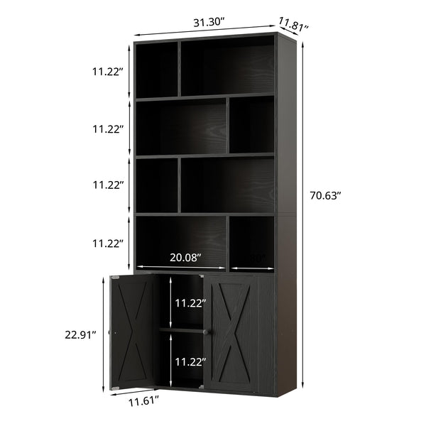 Tall Bookcase with Doors & 8 Open Cubes – 4-Tier Storage Shelf