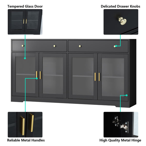55" Sideboard Buffet Cabinet with LED Lights & Glass Doors