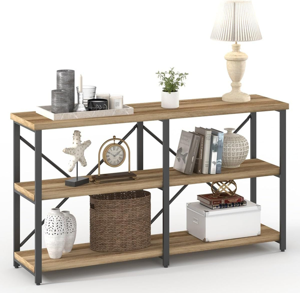 Industrial Console Table with Shelves – 55 Inch Vintage Oak