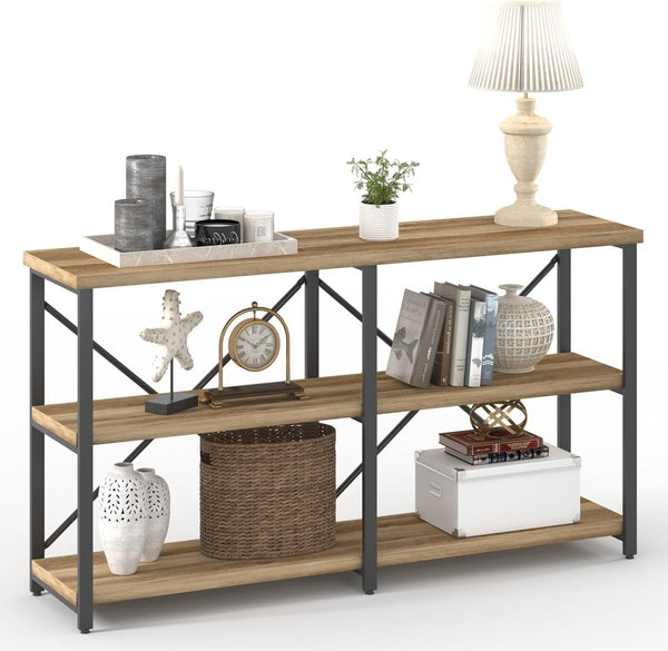 Industrial Console Table with Shelves – 55 Inch Vintage Oak