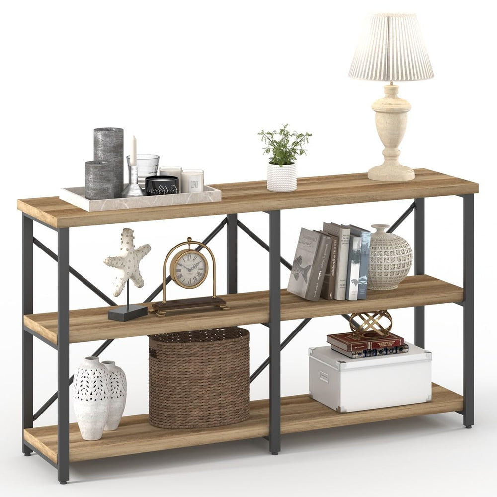 Industrial Console Table with Shelves – 55 Inch Vintage Oak