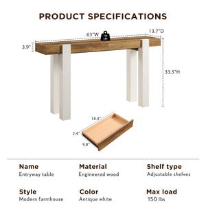 63-Inch Farmhouse Console Table with 2 Drawers