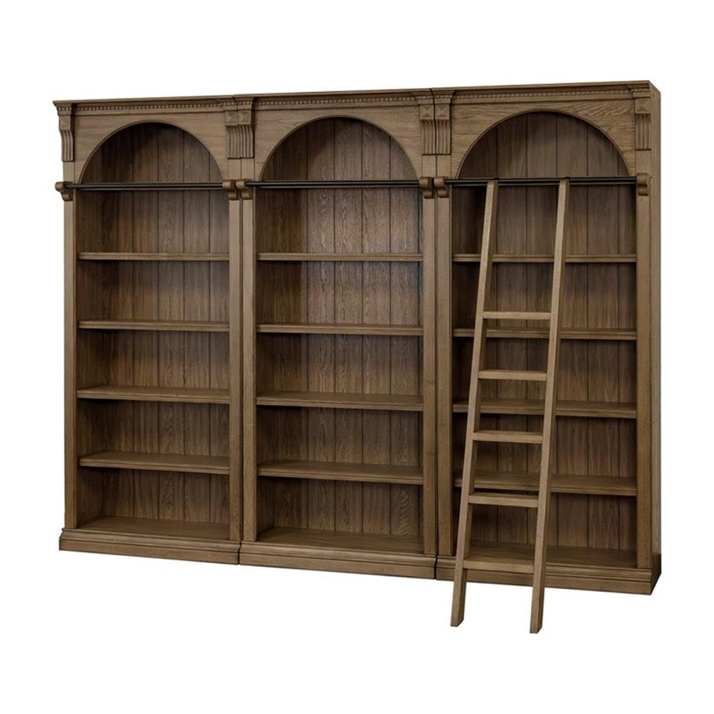 Traditional Wood Bookcase Wall with Ladder – 5-Shelf, 8 ft