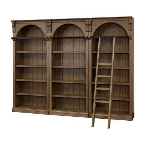 Traditional Wood Bookcase Wall with Ladder – 5-Shelf, 8 ft