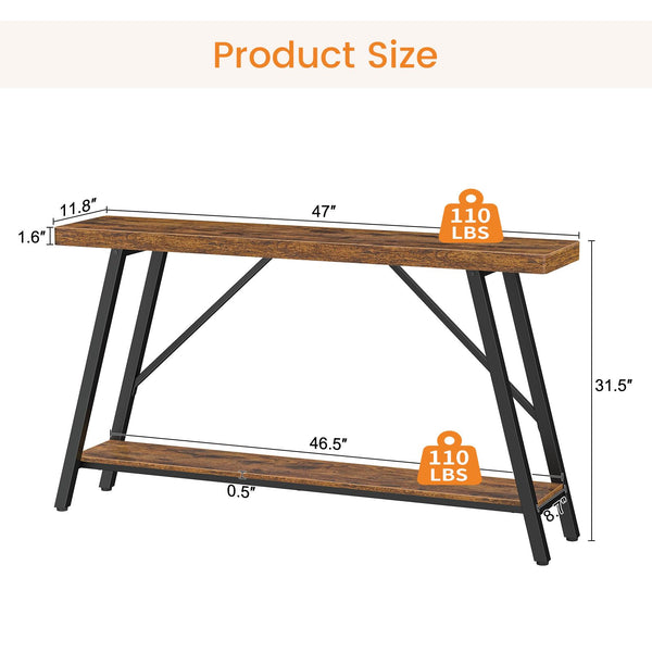 47-Inch 2-Tier Console Table with Storage Shelf – Rustic Brown
