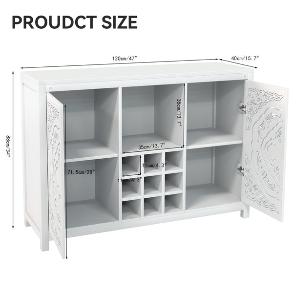 47" Wine Bar Cabinet with 2 Doors, Wine Rack, Glass Holder & Storage – White