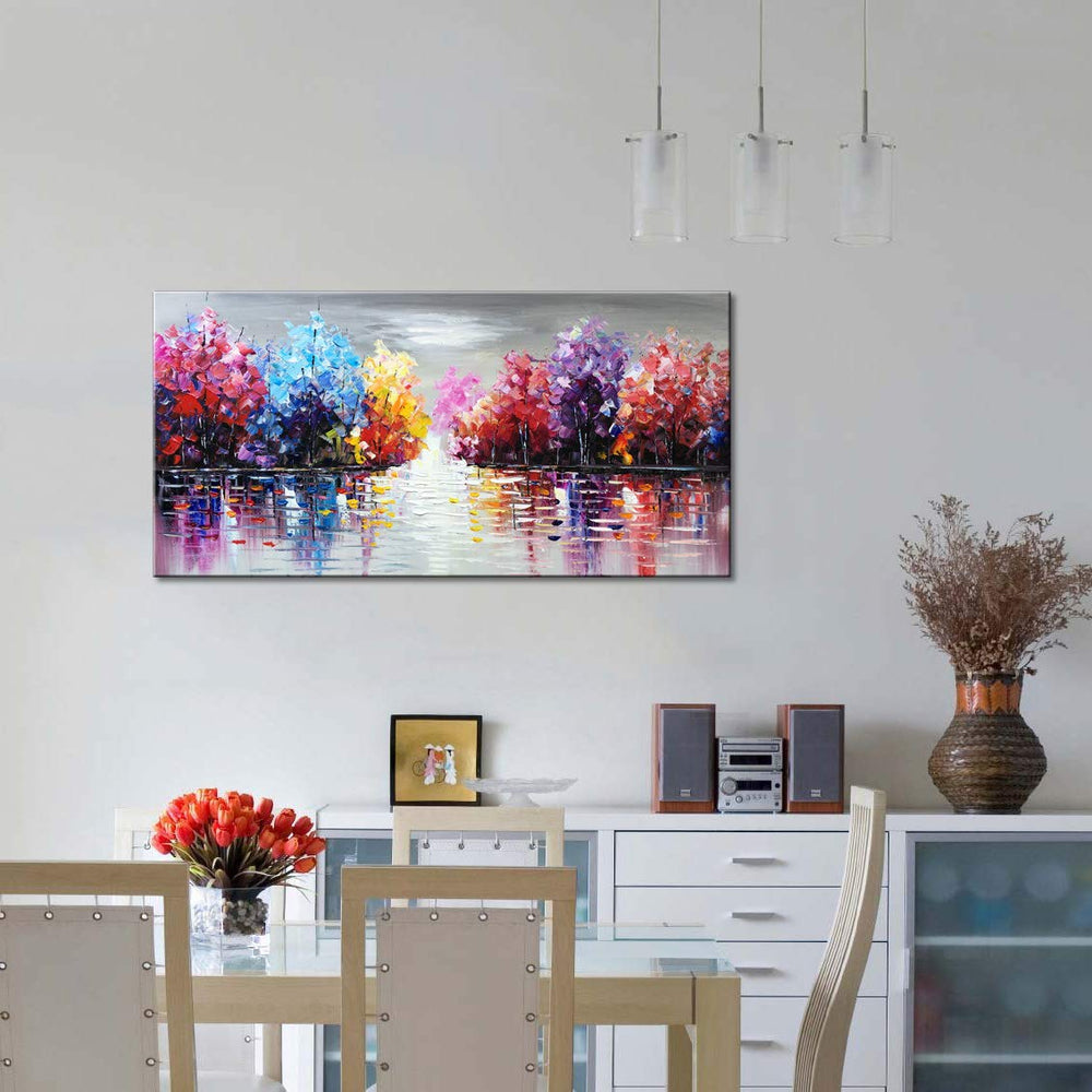 Hand Painted Lake Landscape Canvas Wall Art – Colorful Tree Thick Texture Oil Painting