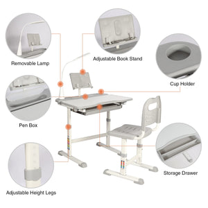 Kids Height-Adjustable Desk and Chair Set with LED Light, Drawer & Bookstand