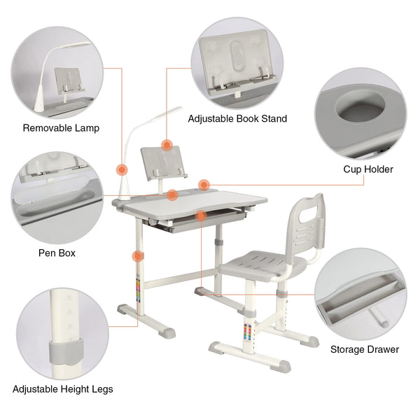 Kids Height-Adjustable Desk and Chair Set with LED Light, Drawer & Bookstand