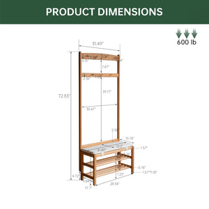 Solid Oak Hall Tree with Shoe Bench, 2-Tier Shoe Rack & 7 Hooks – Natural