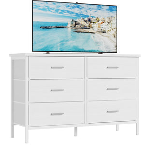 6-Drawer Fabric Dresser with Faux Leather Front & Wood Top