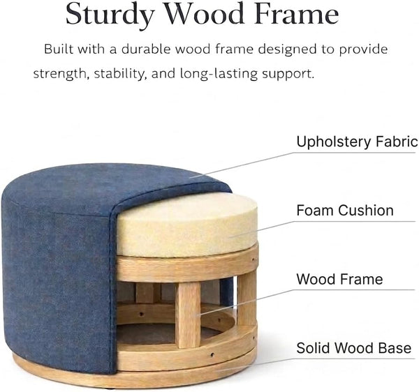 Round Upholstered Ottoman with Wood Base