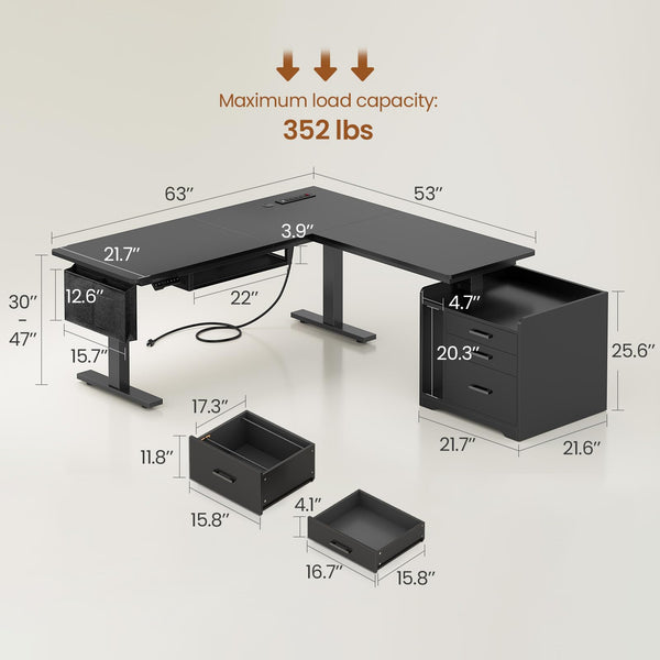 L-Shaped Electric Standing Desk with File Cabinet & Storage