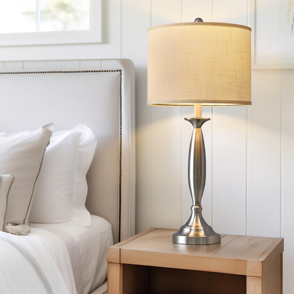 Modern Table Lamps Set of 2 with USB A+C Charging Ports – Brushed Steel Bedside Lamps with Fabric Drum Shade