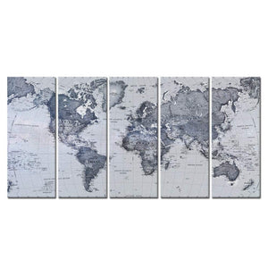 World Map Canvas Wall Art – 5 Panel Set 16x40in
