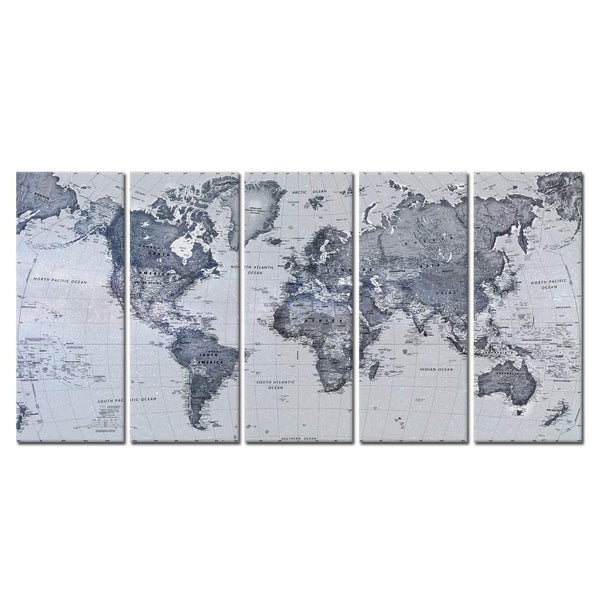 World Map Canvas Wall Art – 5 Panel Set 16x40in