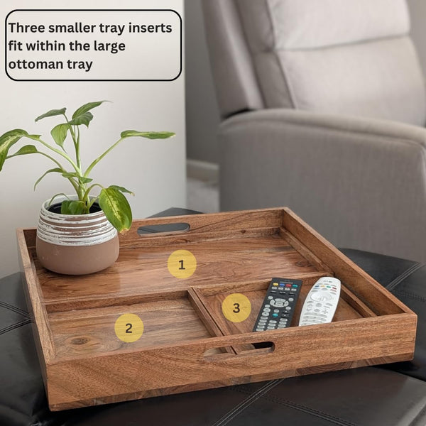 Large Square Acacia Wood Ottoman Serving Tray with Handles