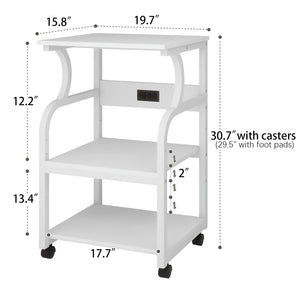 3-Tier Rolling Printer Stand with Adjustable Shelf & Power Outlets