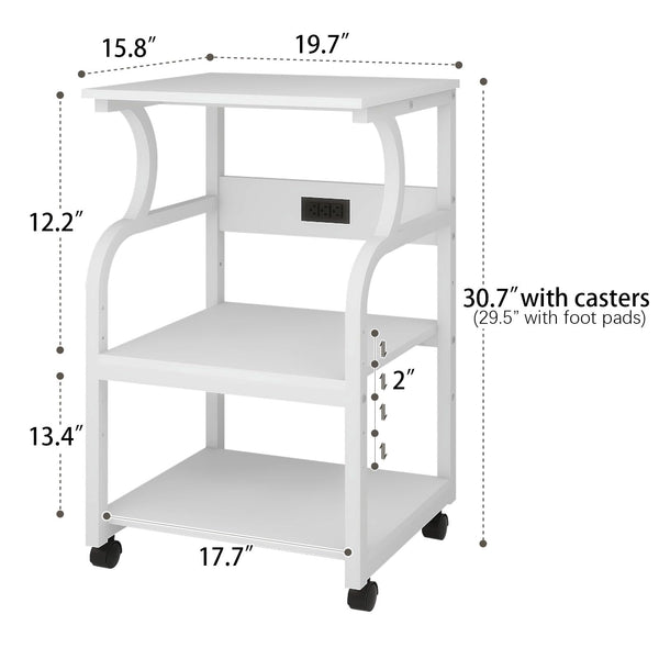 3-Tier Rolling Printer Stand with Adjustable Shelf & Power Outlets