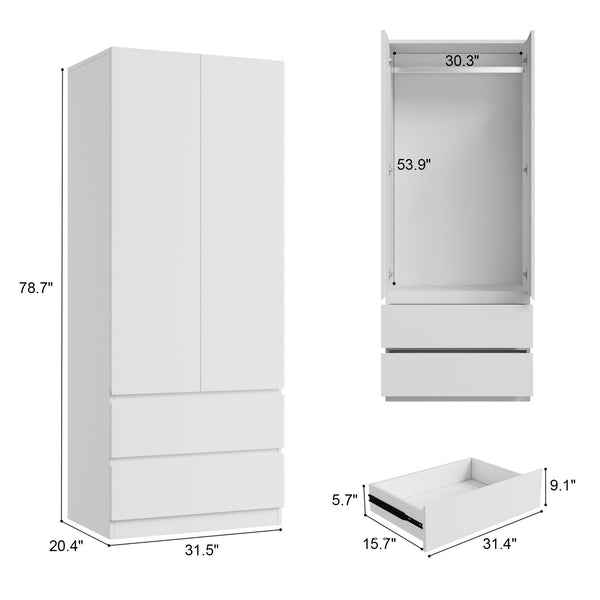 Wooden Armoire Wardrobe Closet with Drawers & Hanging Rod