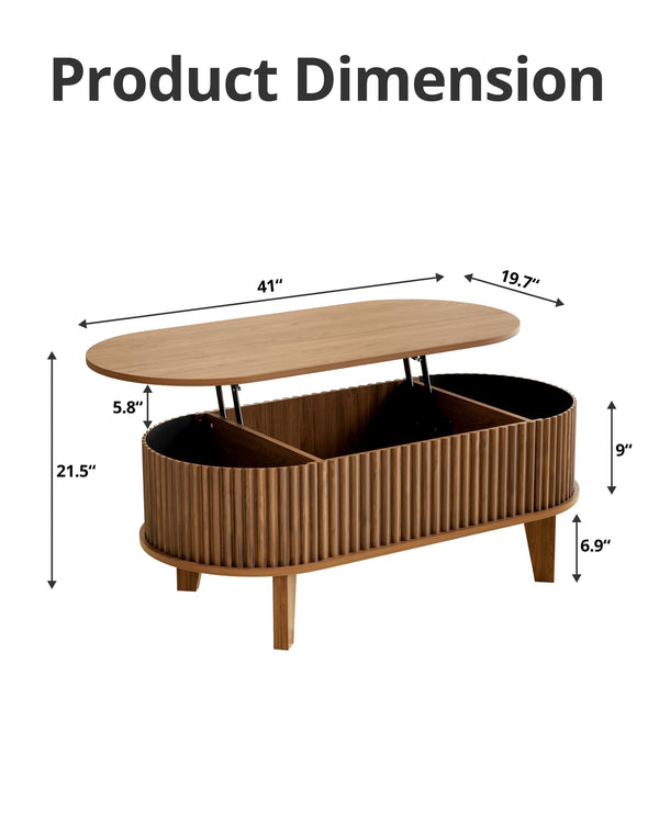 Oval Lift-Top Coffee Table with Fluted Wood & Hidden Storage