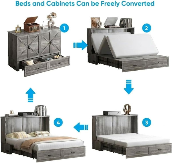 Queen Murphy Cabinet Bed with Tri-Fold Mattress