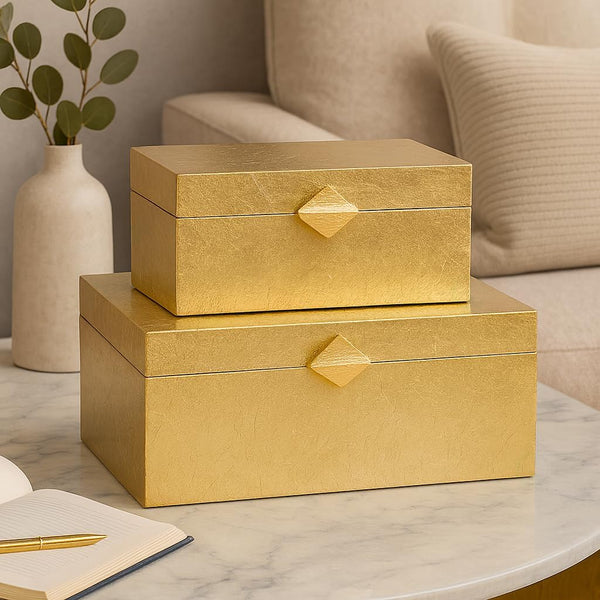 Decorative Wooden Storage Boxes with Gold Accent – Set of 2