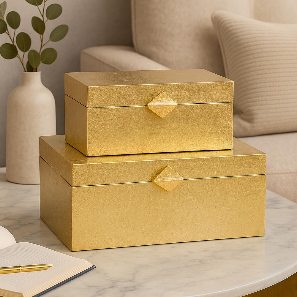 Decorative Wooden Storage Boxes with Gold Accent – Set of 2