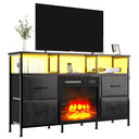 Fireplace TV Stand with Fabric Drawers, LED Lights & Power Outlets