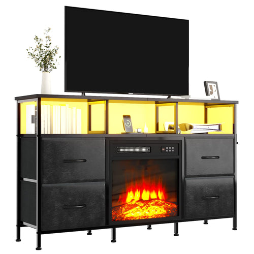 Fireplace TV Stand with Fabric Drawers, LED Lights & Power Outlets
