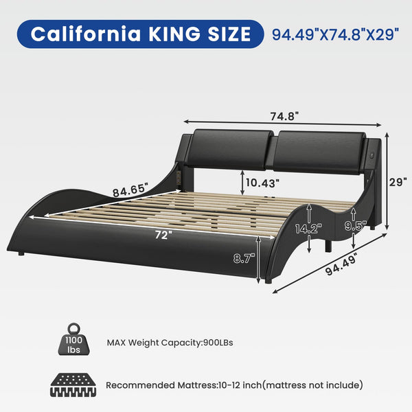 California King LED Bed Frame with USB Ports | Faux Leather Low Profile Platform Bed