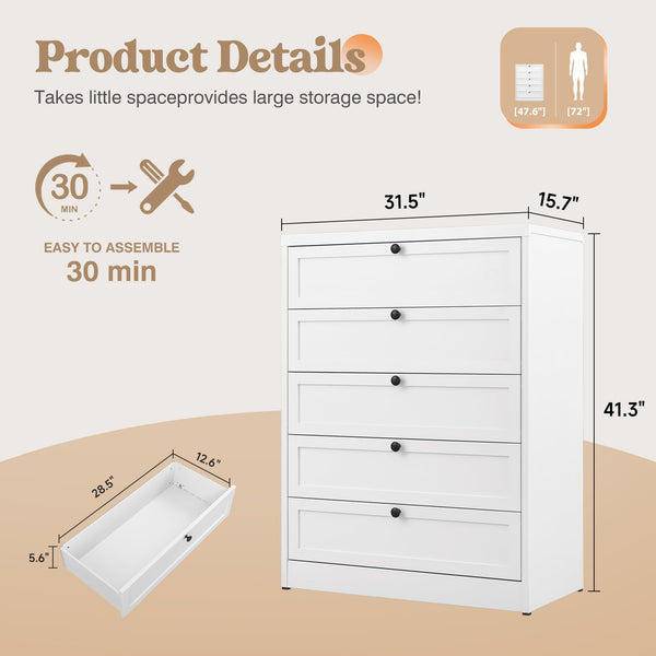 5-Drawer Metal Dresser – White Steel Chest of Drawers