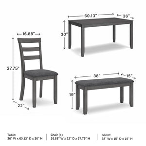 6-Piece Dining Table Set with Bench and Ladderback Chairs