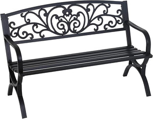 Metal Outdoor Garden Bench with Grid Pattern Backrest