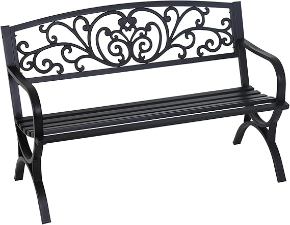 Metal Outdoor Garden Bench with Grid Pattern Backrest