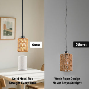Rattan Boho Pendant Light with Linen Shade & Iron Rods | Adjustable Height