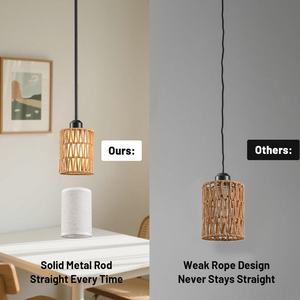 Rattan Boho Pendant Light with Linen Shade & Iron Rods | Adjustable Height