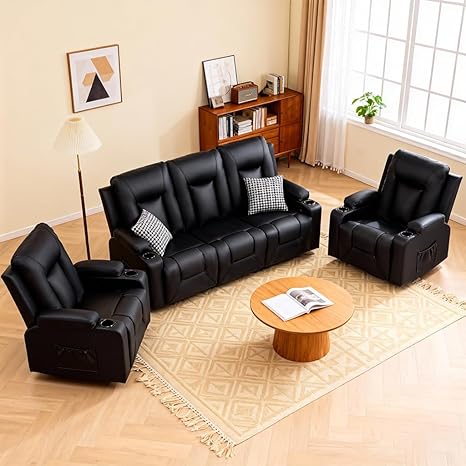 Reclining Sofa Set with Cup Holders – Faux Leather, Multi-Seat Configurations