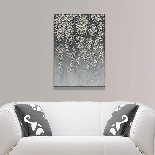 3D Hand-Painted White Floral Canvas Wall Art – Framed, 28x40 Inch